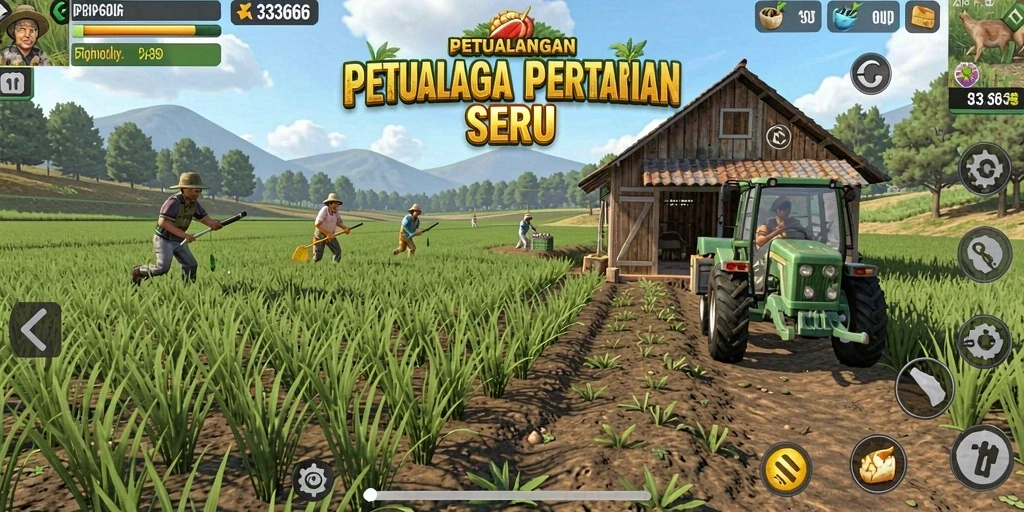 Screenshot dari gameplay <strong>333666</strong> yang menunjukkan bertani dan merawat hewan.