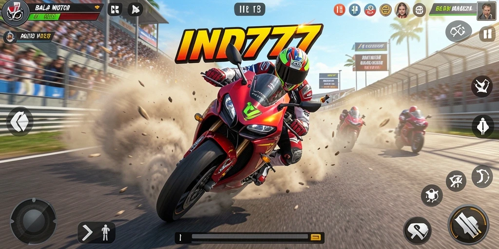 Tampilan gameplay IND777 yang penuh aksi dengan motor balap.