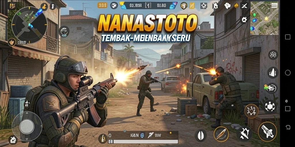 Screenshot permainan NANASTOTO menampilkan aksi tembak-menembak yang mendebarkan.