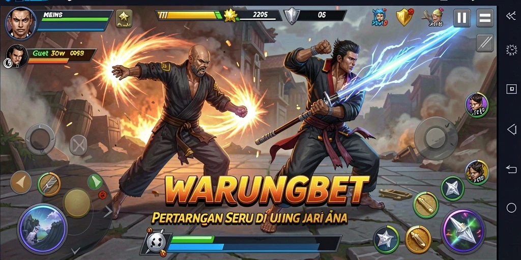 Screenshot utama WARUNGBET menunjukkan pertarungan seru dengan karakter unik.